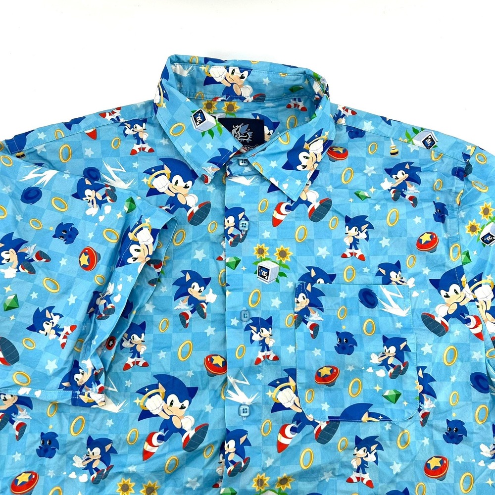 Draconties Sonic The Hedgehog Blue Button Down Shirt Mens XL Short Sleeve Cotton